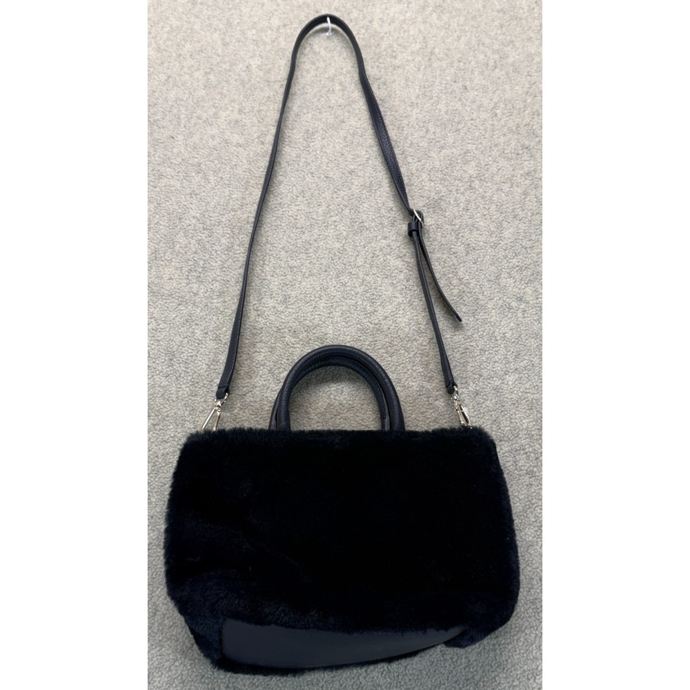 Draper James Womens Satchel Purse Shoulder Bag Navy Faux Fur Adjustable Strap